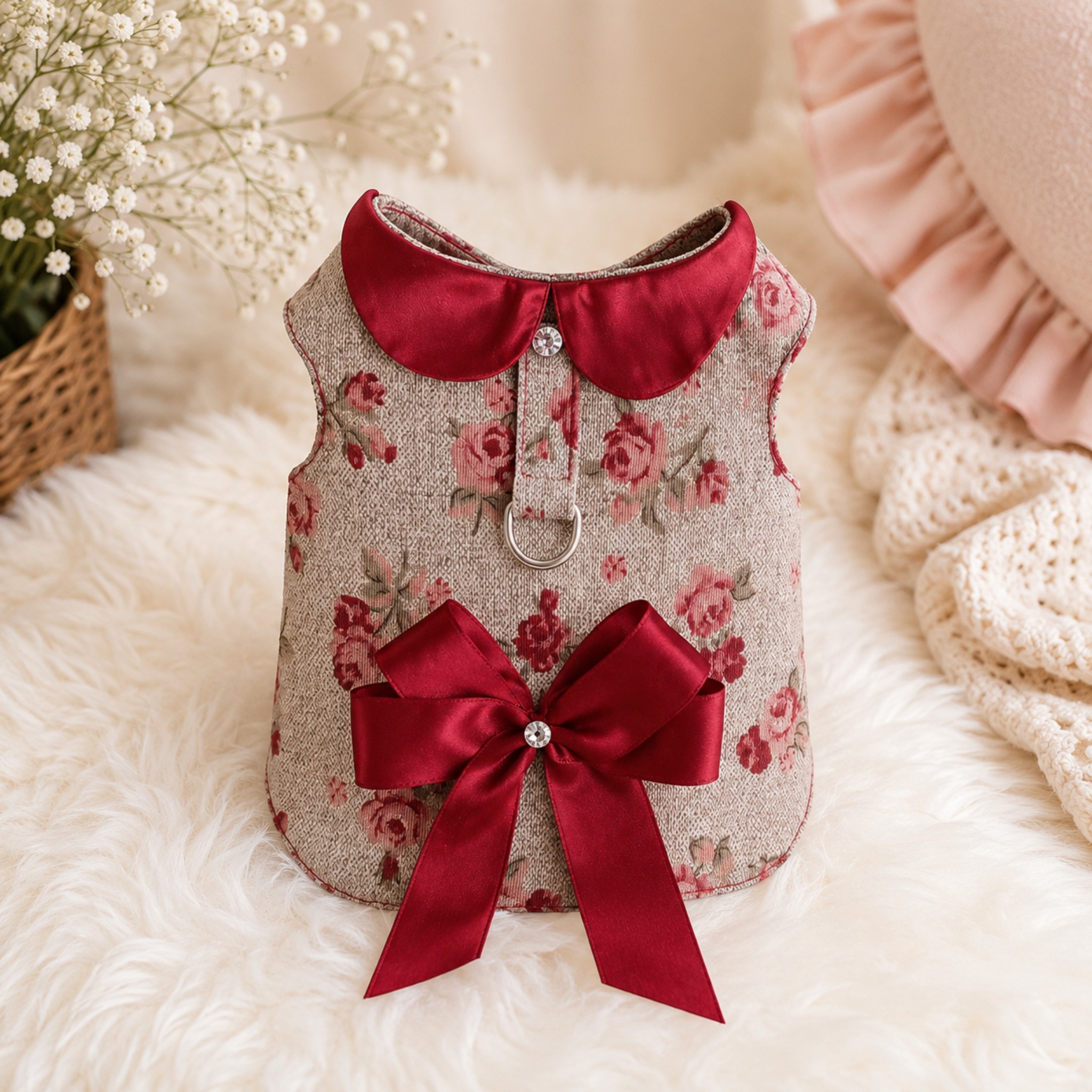 Pettorina Floreale Bordeaux Bloom con Fiocco in Raso